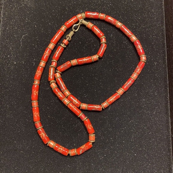 Mod Burnt Orange Beaded Necklace Stone Beads Boho Organic Single Loop Artisan - Picture 5 of 6